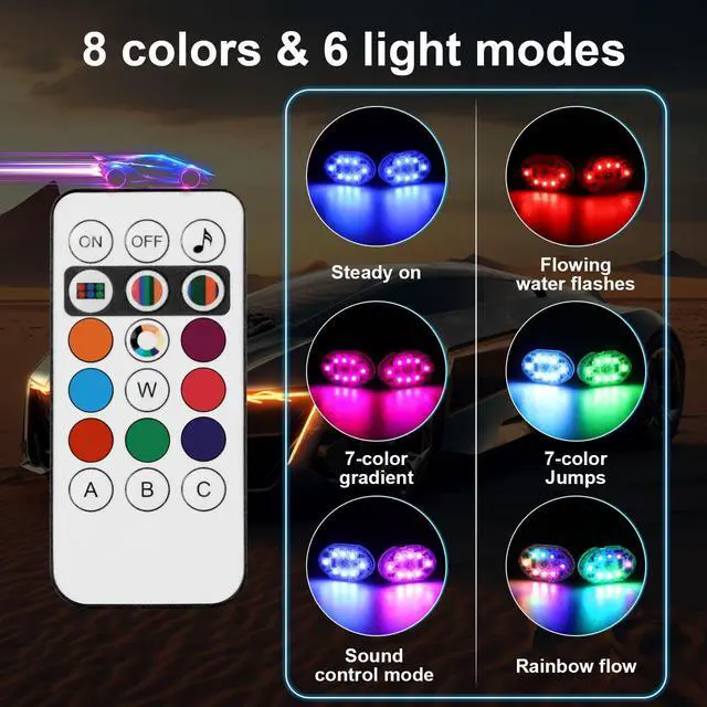 Alt view image 3 of 7 - _Mega Brand 4PCS Wireless Led Lights for Car with Remote,8 Colors Changing RGB Car Led Lights Interior, Rechargeable Dimmable Cars Ambient Lighting,Underseat Footwell Decor