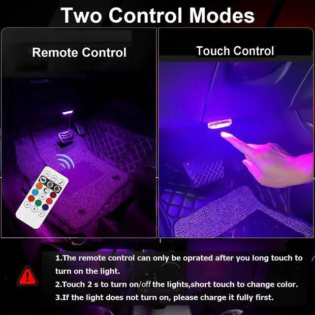 Alt view image 5 of 7 - _Mega Brand 4PCS Wireless Led Lights for Car with Remote,8 Colors Changing RGB Car Led Lights Interior, Rechargeable Dimmable Cars Ambient Lighting,Underseat Footwell Decor
