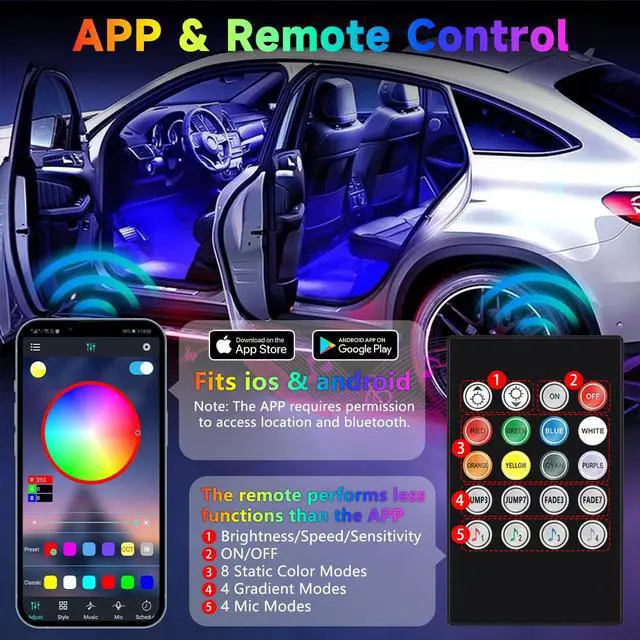 Alt view image 5 of 7 - _Mega Brand Car Led Light Interior Under Dash Foot Well Light RGB, 29 Modes Static/Gradient/Strobe, Music Sync, with Controller App Timer, USB 5V, Inside Car Lighting
