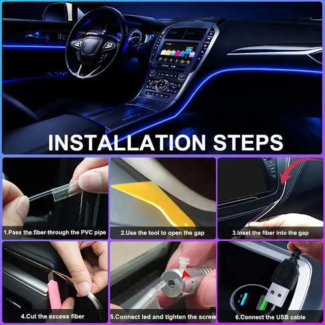 Alt view image 5 of 7 - _Mega Brand Car LED Interior Strip Lights, RGB Car Interior LED Light Wireless APP and Remote Control, 5 in 1 Ambient Lighting Kit with 236 Inches Fiber Optic, EL Wire Lights for Car Inside