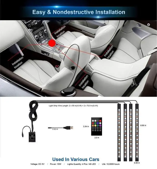 Alt view image 3 of 7 - _Mega Brand Led Interior Car Lights, Controller Led Lights for Cars, Multicolor Music Underglow Lighting Kits with Wireless Control and Sound Active Function, 4pcs 48 USB LED Interior Lights, DC 5V