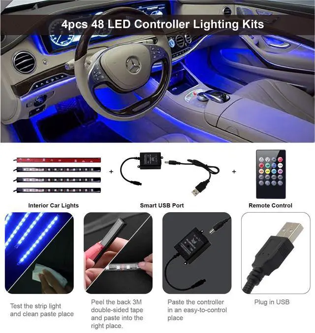 Alt view image 4 of 7 - _Mega Brand Led Interior Car Lights, Controller Led Lights for Cars, Multicolor Music Underglow Lighting Kits with Wireless Control and Sound Active Function, 4pcs 48 USB LED Interior Lights, DC 5V