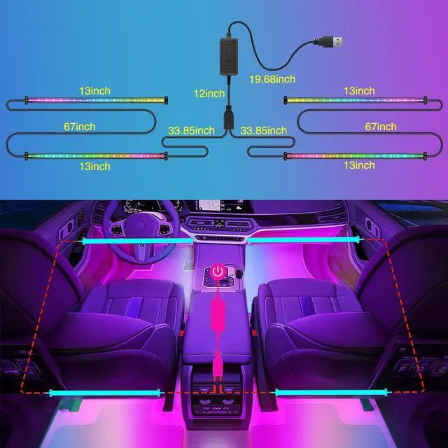 Alt view image 4 of 7 - _Mega Brand 72 LED USB Interior Strip Lights Dream Color RGB-IC 12V DC with App RF Remote Control Multicolor Footwell Under Dash Chasing Inside Light Kits 2Lines Music Sync Mode for Cars Truck ATV UTV