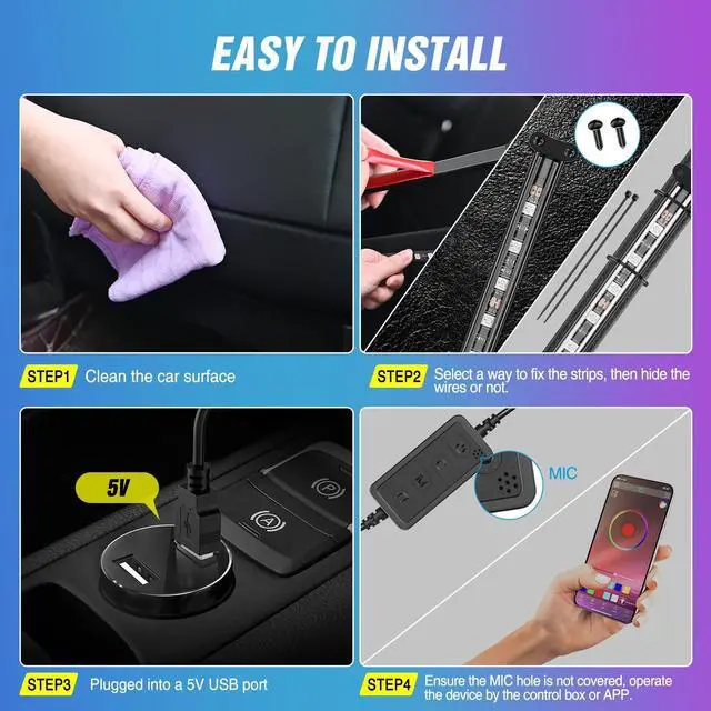 Alt view image 6 of 7 - _Mega Brand 72 LED USB Interior Strip Lights Dream Color RGB-IC 12V DC with App RF Remote Control Multicolor Footwell Under Dash Chasing Inside Light Kits 2Lines Music Sync Mode for Cars Truck ATV UTV