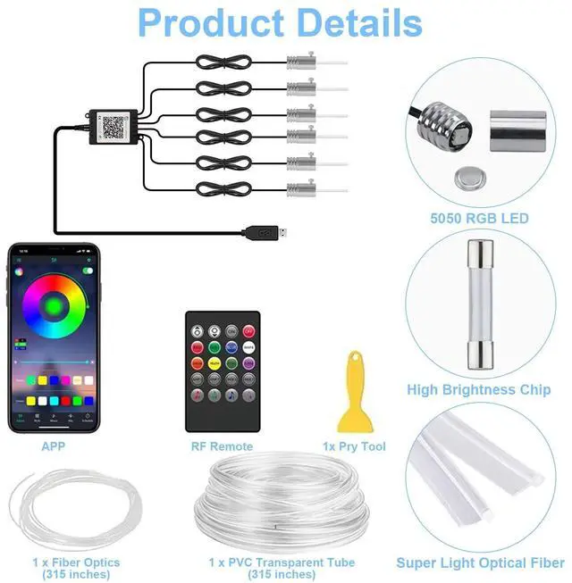 Alt view image 7 of 7 - _Mega Brand Interior Car LED Lights with Wireless APP/RF Remote Control,RGB 6 in 1 Ambient Lighting Kit with 315 Inches Fiber Optic,16 Million Color Neon Strip Inside Sync to Music
