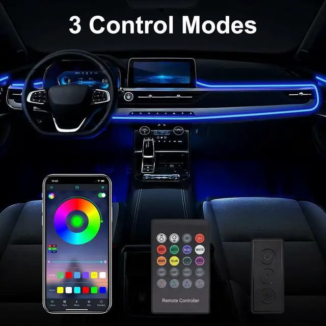 Alt view image 3 of 7 - Interior Car LED Lights, 9 in 1 RGB Wireless Ambient Lighting Kit, USB 12V
