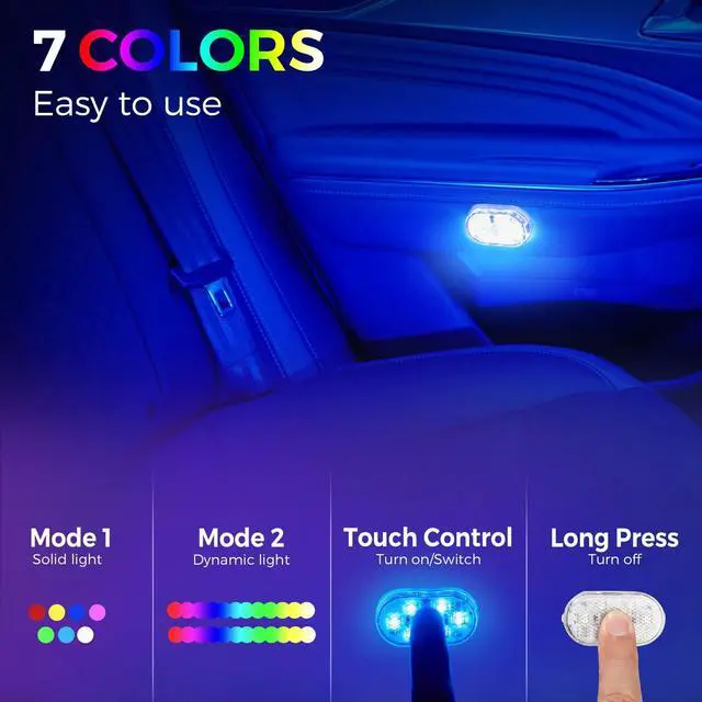 Alt view image 7 of 7 - _Mega Brand Wireless LED Lights for Car Interior Magnetic Interior Car LED Lights Portable for USB Rechargeable Night Decoration 7 Colors Ambient(4 Pcs,1.06 x 2.08 x 0.31 Inch)