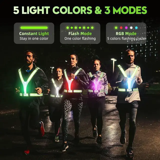 Alt view image 3 of 5 - _Mega Brand LED Reflective Vest Running Gear,High Visibility Reflective Running vest,5 Lights Colors Rechargeable Safety Running Vests for Walking Running Cycling Jogging,Adjustable for Men Women Kids