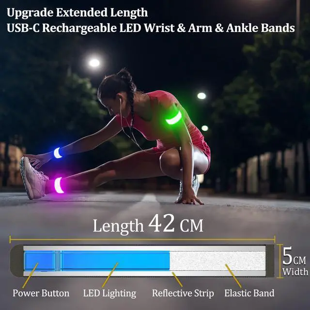 Alt view image 2 of 7 - _Mega Brand 2 Pack USB-C Rechargeable Safety Lights for Runners, 360° Reflective LED Bracelets Armbands Reflectors for Walking at Night