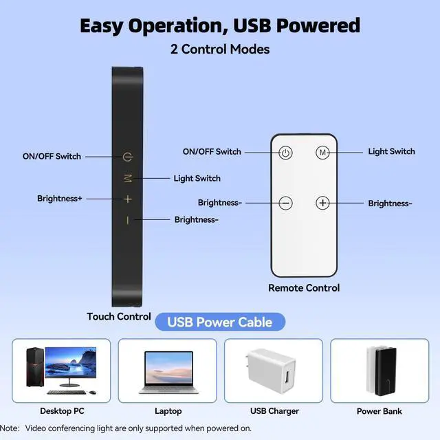 Alt view image 2 of 7 - Video Conference Lighting, Webcam Light with Remote & Touch Control, 3 Color Temperature, 10 Level Brightness, Zoom Light for Computer, Video Calls, Live Streaming, Podcast, Studio (2-Pack)