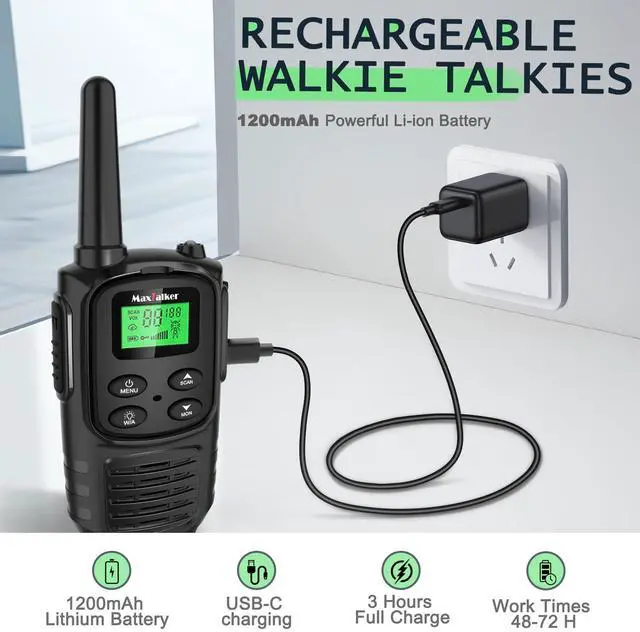 Alt view image 3 of 7 - _Mega Brand Walkie Talkies Long Range for Adult,MT10 Rechargeable Walkie Talkies FRS Two Way Radio,NOAA, 1200mAh Li-ion Battery USB-C Cable,LED Flashlight,VOX Walkie Talkie for Hiking Camping 2Pack