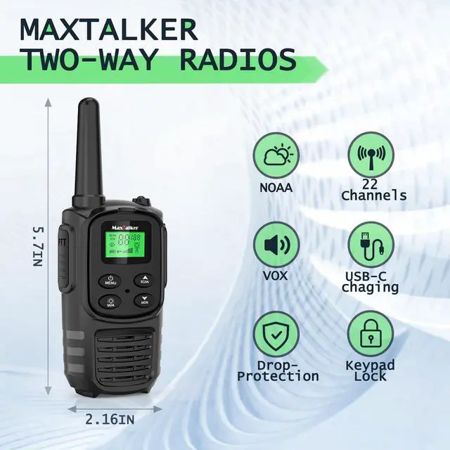 Alt view image 2 of 7 - _Mega Brand Walkie Talkies Long Range for Adult,MT10 Rechargeable Walkie Talkies FRS Two Way Radio,NOAA, 1200mAh Li-ion Battery USB-C Cable,LED Flashlight,VOX Walkie Talkie for Hiking Camping 2Pack