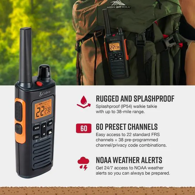 Alt view image 3 of 7 - _Mega Brand RX680 Walkie Talkies(2-Pack)-Rugged & Splashproof Two Way Radios Long Range, IP54 Water Resistant Design,60 Pre-Programmed Channels,Weather Alerts,Included Charging Dock(Black/Orange)