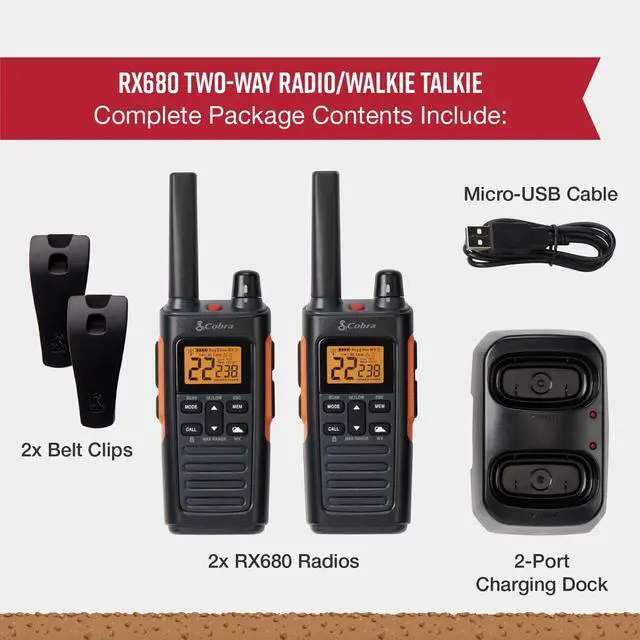 Alt view image 7 of 7 - _Mega Brand RX680 Walkie Talkies(2-Pack)-Rugged & Splashproof Two Way Radios Long Range, IP54 Water Resistant Design,60 Pre-Programmed Channels,Weather Alerts,Included Charging Dock(Black/Orange)