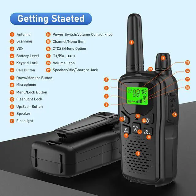 Alt view image 2 of 7 - _Mega Brand Long Range Walkie Talkies with 22 FRS Channels, Adults with Lamp, VOX, LCD Display for Outdoor Activities - Black