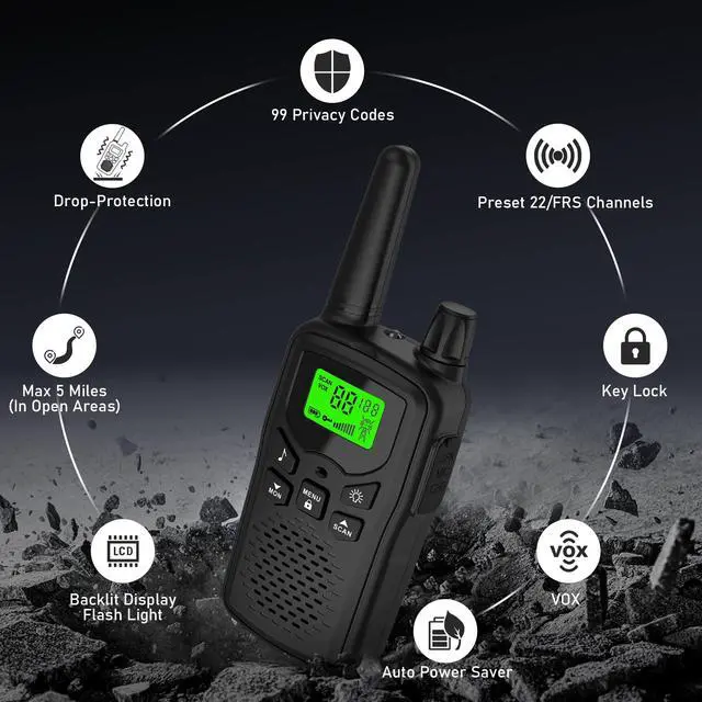 Alt view image 3 of 7 - _Mega Brand Long Range Walkie Talkies with 22 FRS Channels, Adults with Lamp, VOX, LCD Display for Outdoor Activities - Black