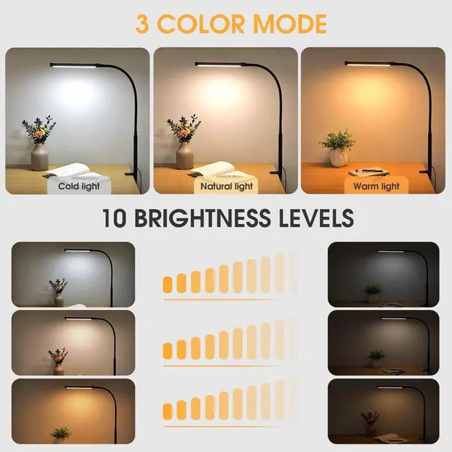 Alt view image 2 of 6 - _Mega Brand LED Desk Lamp with Clamp, Eye-Caring Clip on Lights for Home Office, 3 Modes 10 Brightness, Long Flexible Gooseneck, Metal, Swing Arm Architect Task Table Lamps with USB Adapter, Black
