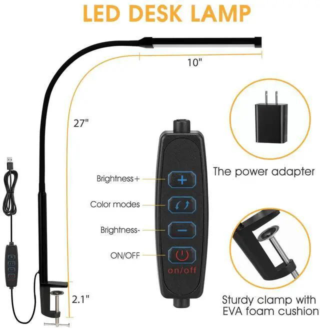 Alt view image 4 of 6 - _Mega Brand LED Desk Lamp with Clamp, Eye-Caring Clip on Lights for Home Office, 3 Modes 10 Brightness, Long Flexible Gooseneck, Metal, Swing Arm Architect Task Table Lamps with USB Adapter, Black