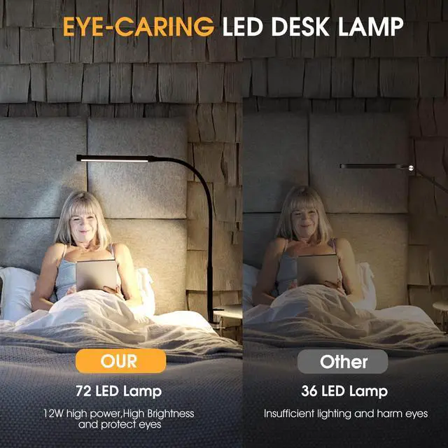 Alt view image 5 of 6 - _Mega Brand LED Desk Lamp with Clamp, Eye-Caring Clip on Lights for Home Office, 3 Modes 10 Brightness, Long Flexible Gooseneck, Metal, Swing Arm Architect Task Table Lamps with USB Adapter, Black