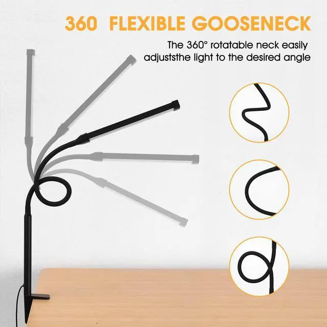 Alt view image 3 of 6 - _Mega Brand LED Desk Lamp with Clamp, Eye-Caring Clip on Lights for Home Office, 3 Modes 10 Brightness, Long Flexible Gooseneck, Metal, Swing Arm Architect Task Table Lamps with USB Adapter, Black