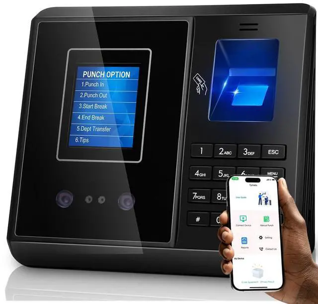 Main image of App Control, 5s Fast Connection, Fix Records, Custom Overtime, Lunch & Break Rules, 4 Payroll Reports, No Monthly Fee, 10 IC Cards Included, Fingerprint & Face Time Clock for Small Business