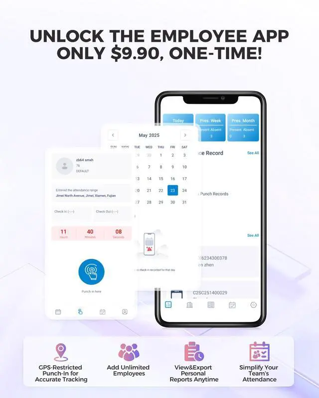 Alt view image 6 of 7 - _Mega Brand Cloud Time Clock, Upgraded TC1 Remote Control 2.4GHz WiFi Time Card Machine for Small Business with Software & App for iOS/Android, Includes 5 RFID Cards No Monthly Fees