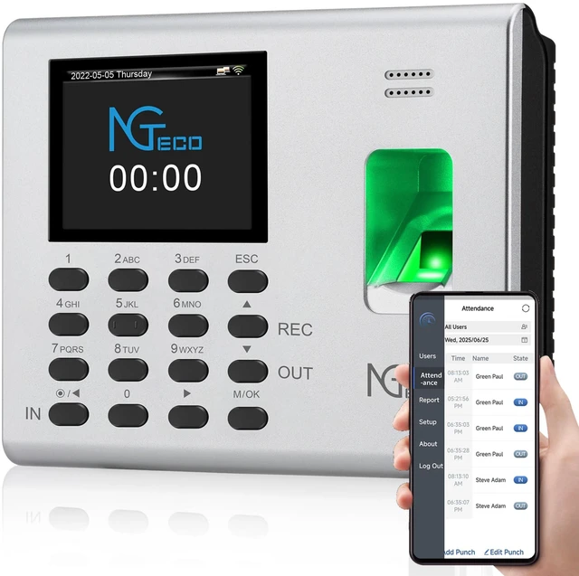 Main image of APP-Based Time Clock for Employees Small Business, Automatic Fingerprint Clock in and Out Machine with 2000mAh Battery, 2.4GHz WiFi, iOS&Android, No Monthly Fee