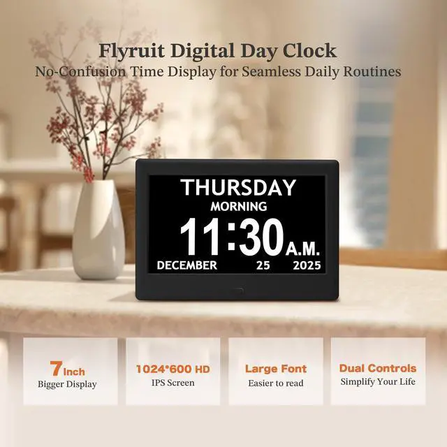 Alt view image 2 of 7 - 7'' Dementia Clock For Seniors, Large Display Digital Clock With Date, Time, Day Of Week for Elderly, Memory Loss, Alzheimer, 1024*600P HD, 10 Reminders & 6 Alarms, Auto Dimming & DST, Remote Control