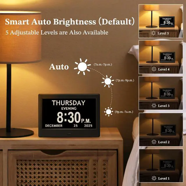 Alt view image 4 of 7 - 7'' Dementia Clock For Seniors, Large Display Digital Clock With Date, Time, Day Of Week for Elderly, Memory Loss, Alzheimer, 1024*600P HD, 10 Reminders & 6 Alarms, Auto Dimming & DST, Remote Control