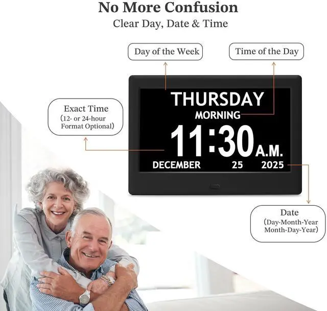 Alt view image 5 of 7 - 7'' Dementia Clock For Seniors, Large Display Digital Clock With Date, Time, Day Of Week for Elderly, Memory Loss, Alzheimer, 1024*600P HD, 10 Reminders & 6 Alarms, Auto Dimming & DST, Remote Control