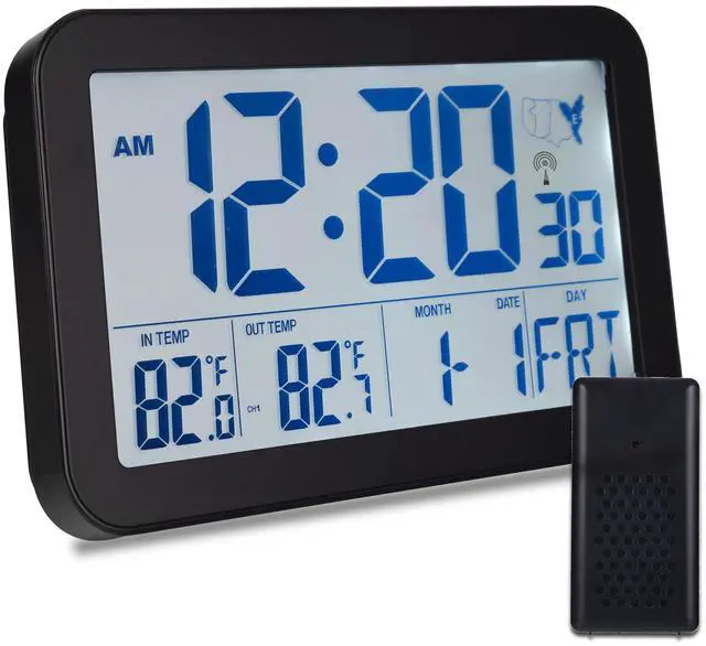 Main image of Backlight Digital Wall Clock with Outdoor and Indoor Temperature - 8.8 Inch Self-Setting Wireless Atomic Clock Battery Operated - Easy to Read and Set, Auto DST