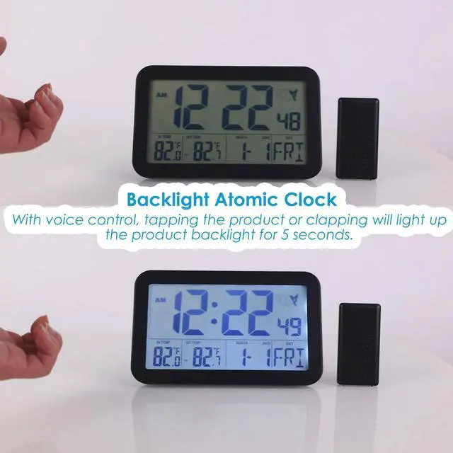 Alt view image 4 of 6 - Backlight Digital Wall Clock with Outdoor and Indoor Temperature - 8.8 Inch Self-Setting Wireless Atomic Clock Battery Operated - Easy to Read and Set, Auto DST