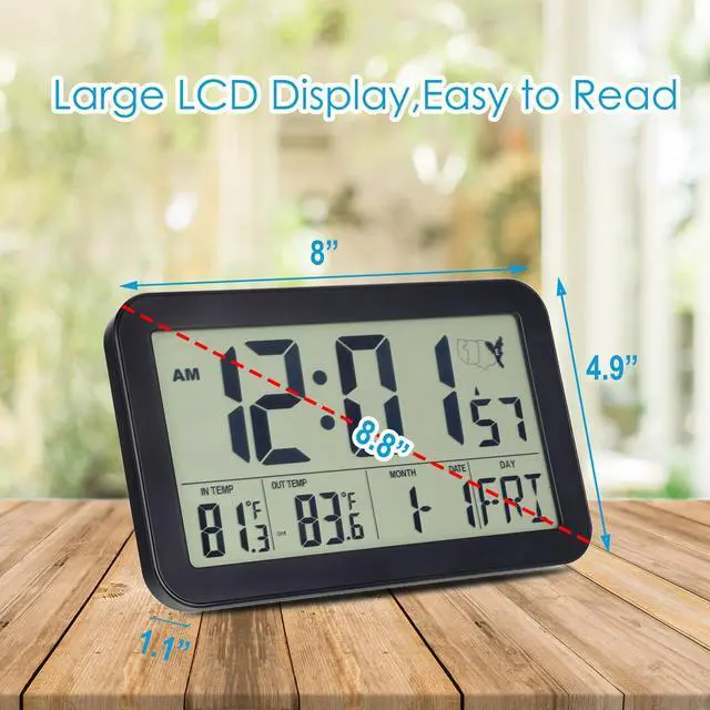 Alt view image 5 of 6 - Backlight Digital Wall Clock with Outdoor and Indoor Temperature - 8.8 Inch Self-Setting Wireless Atomic Clock Battery Operated - Easy to Read and Set, Auto DST