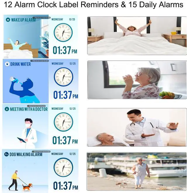 Alt view image 3 of 7 - _Mega Brand 7 Inch Dementia Clock,Digital Day and Time Clock for Seniors Elderly Memory Loss Alzheimers Large Display Date Temp,12 Labels Image & 15 Medicine Alarm Reminder,Auto DST (2025 New)