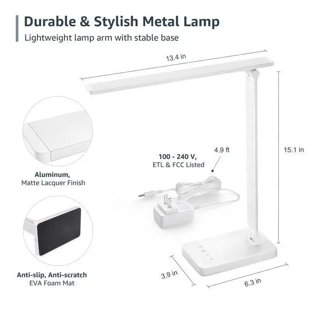 Alt view image 4 of 7 - _Mega Brand LED Desk Lamp, Metal Desk Light 9.5W 800lm, Forbes Vetted Best Task Lamp,5Color Modes 5Brightness Level,Dimmable Home Office Desktop Lamp for Reading, Crafting, Sewing, Puzzle, Nail, White