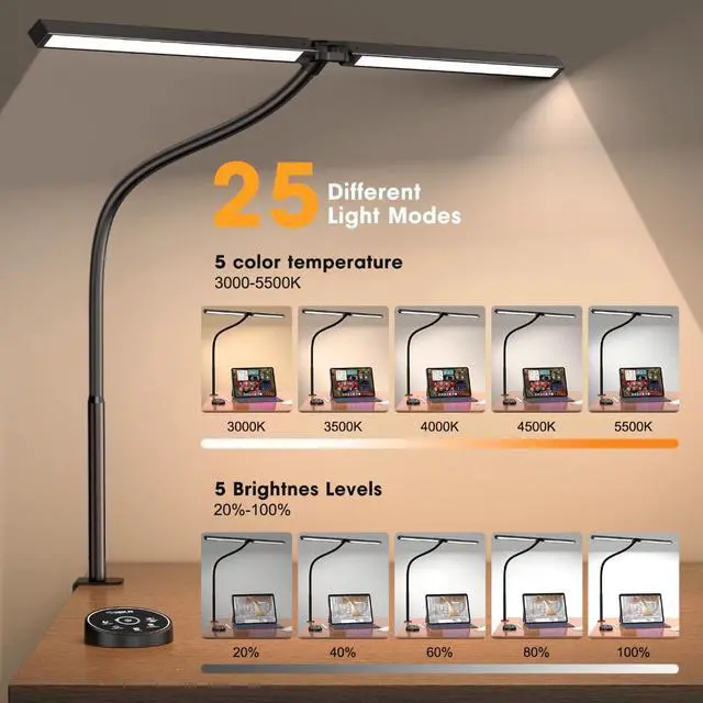 Alt view image 3 of 7 - Led Desk Lamp for Office Home - Eye Caring Architect lamp with Clamp,Dual Screen Computer Monitor Gooseneck Smart Light: 24W 5 Color Flexible Adjustable Lighting Table Lamp for Study Drafting