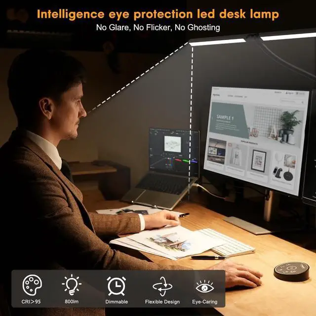 Alt view image 4 of 7 - Led Desk Lamp for Office Home - Eye Caring Architect lamp with Clamp,Dual Screen Computer Monitor Gooseneck Smart Light: 24W 5 Color Flexible Adjustable Lighting Table Lamp for Study Drafting