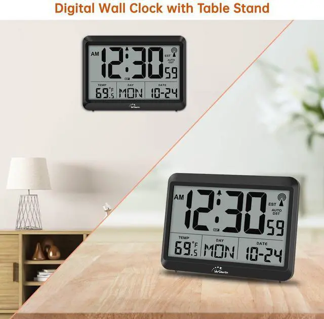 Alt view image 3 of 7 - _Mega Brand Atomic Digital Wall Clock Battery Operated, Self-Setting, Large Display with Temperature, Date, Day of The Week, Silent Wall Mount Digital Clock, 4 Time Zones, DST