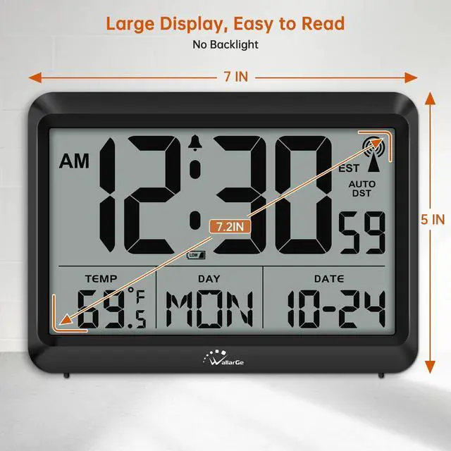 Alt view image 5 of 7 - _Mega Brand Atomic Digital Wall Clock Battery Operated, Self-Setting, Large Display with Temperature, Date, Day of The Week, Silent Wall Mount Digital Clock, 4 Time Zones, DST