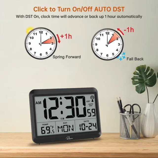 Alt view image 7 of 7 - _Mega Brand Atomic Digital Wall Clock Battery Operated, Self-Setting, Large Display with Temperature, Date, Day of The Week, Silent Wall Mount Digital Clock, 4 Time Zones, DST
