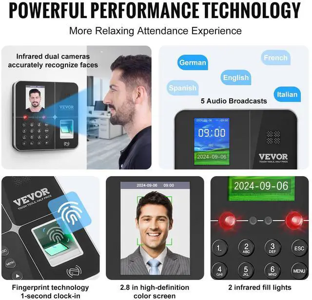 Alt view image 6 of 7 - _Mega Brand Time Clocks for Employees Small Business with Face, Fingerprint, RFID and PIN Punching in One, Biometric Time Clock with 5 RFID Cards & USB Drive, Automatic Punch in/Out, No Monthly Fees