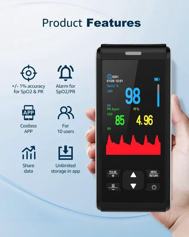 Alt view image 2 of 7 - Pulse Oximeter Fingertip Handheld Pulse Oximeter With Continuous Monitor Blood Oxygen Saturation Monitor for Adults Rechargeable Monitor Oxygen Meter For SpO2/PR/PI
