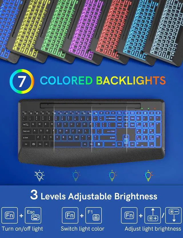 Alt view image 2 of 7 - Wireless Keyboard with 7 Colored Backlits, Wrist Rest, Phone Holder, Rechargeable Ergonomic Computer Keyboard with Silent Keys, Full Size Lighted Keyboard for Windows, MacBook, PC, Laptop (Black)