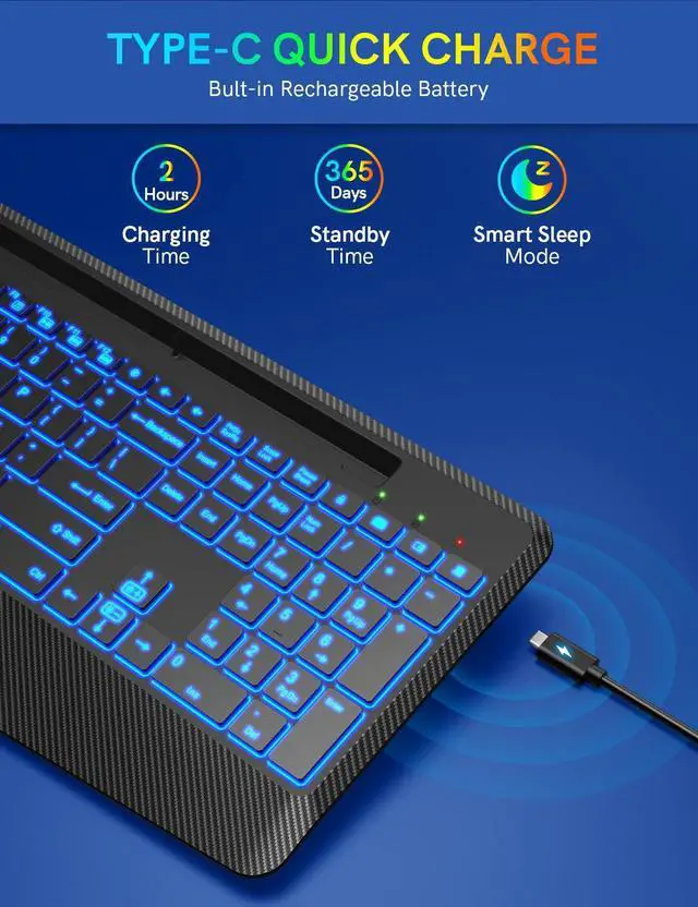Alt view image 4 of 7 - Wireless Keyboard with 7 Colored Backlits, Wrist Rest, Phone Holder, Rechargeable Ergonomic Computer Keyboard with Silent Keys, Full Size Lighted Keyboard for Windows, MacBook, PC, Laptop (Black)