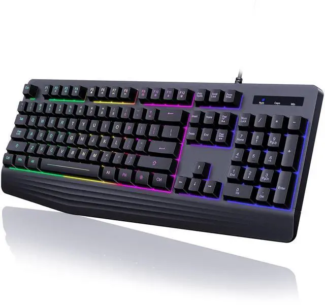 Main image of _Mega Brand Gaming Keyboard, 7-Color Rainbow LED Backlit, 104 Keys Quiet Light Up Keyboard, Wrist Rest, Whisper Silent, Anti-ghosting Multimedia Keys, Waterproof USB Wired Keyboard for PC Mac Xbox