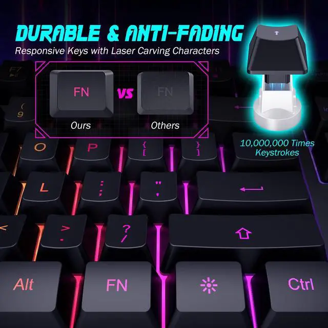 Alt view image 4 of 7 - _Mega Brand Gaming Keyboard, 7-Color Rainbow LED Backlit, 104 Keys Quiet Light Up Keyboard, Wrist Rest, Whisper Silent, Anti-ghosting Multimedia Keys, Waterproof USB Wired Keyboard for PC Mac Xbox