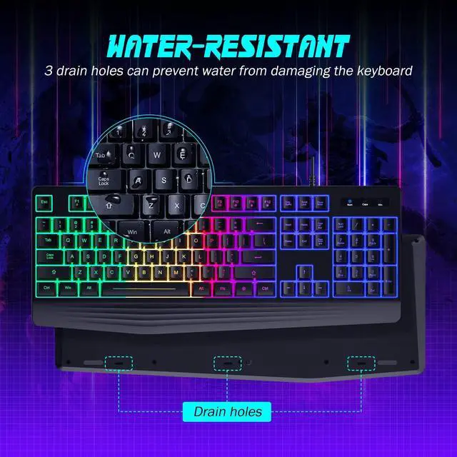 Alt view image 6 of 7 - _Mega Brand Gaming Keyboard, 7-Color Rainbow LED Backlit, 104 Keys Quiet Light Up Keyboard, Wrist Rest, Whisper Silent, Anti-ghosting Multimedia Keys, Waterproof USB Wired Keyboard for PC Mac Xbox