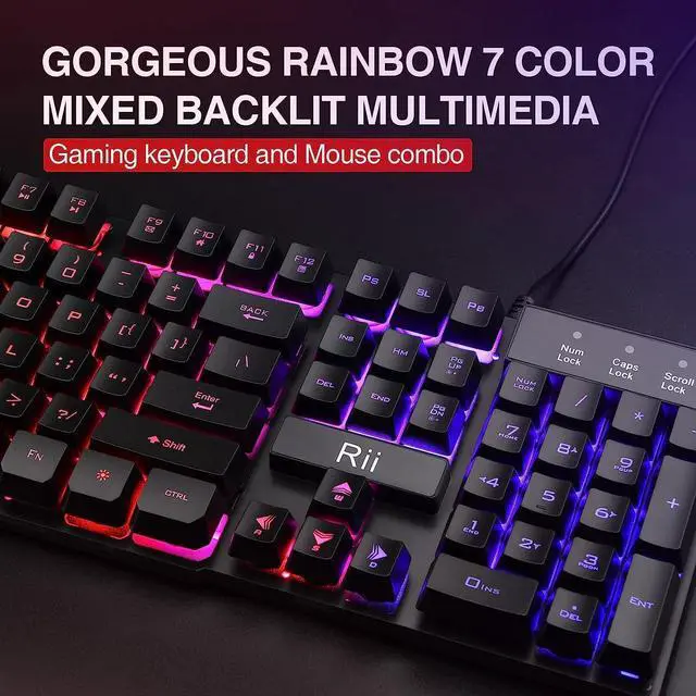 Alt view image 3 of 6 - _Mega Brand Keyboard and Mouse Set, Rainbow LED Backlit Multimedia PC Keyboard, Colorful Breathing Backlit Gaming Mouse for Work or Play