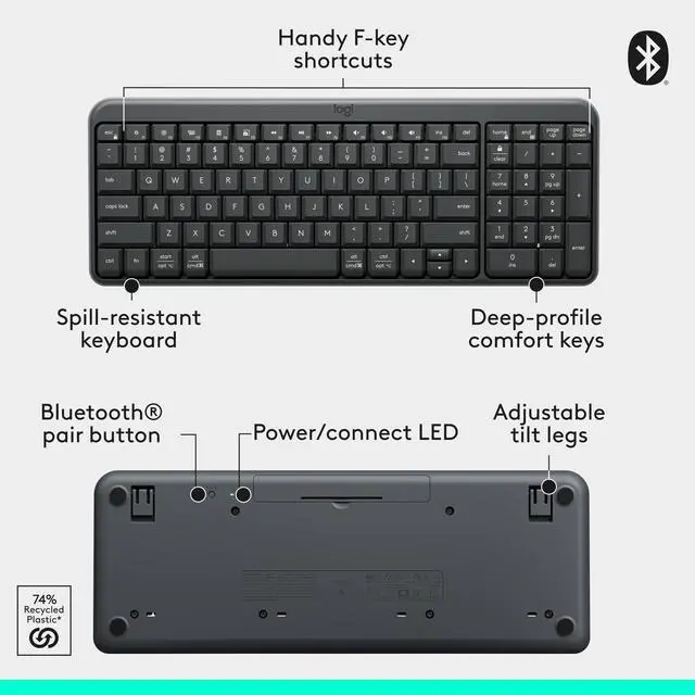 Alt view image 14 of 14 - Logitech MK250 Bluetooth Keyboard with Numpad Easy Connectivity Compact Wireless Keyboard made with Recycled Plastic Spill-Resistant comfortable Keys Graphite 920013442