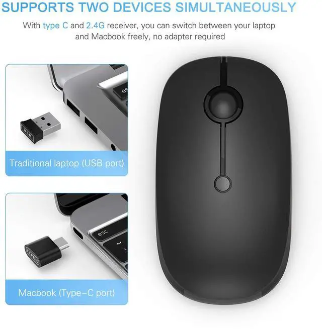 Alt view image 2 of 7 - Type C Wireless Mouse,USB C Rechargeable Portable Quiet Laptop Mouse USB and Type C Receiver Dual Mode Mice for PC, Laptop, MacBook, Tablet-Black